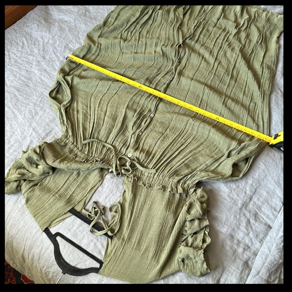 XL Bohemian long Olive gauze semi sheer maxi dress w pockets and ruffle sleeves - Picture 13 of 16